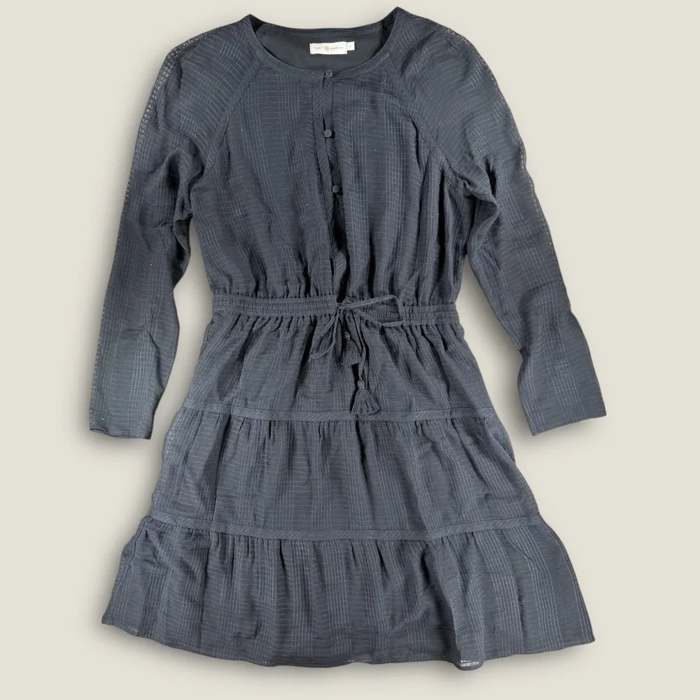 Tory Burch Dress 6 Black Silk Grid Jacquard Tiered Tassel Long Sleeve Mini